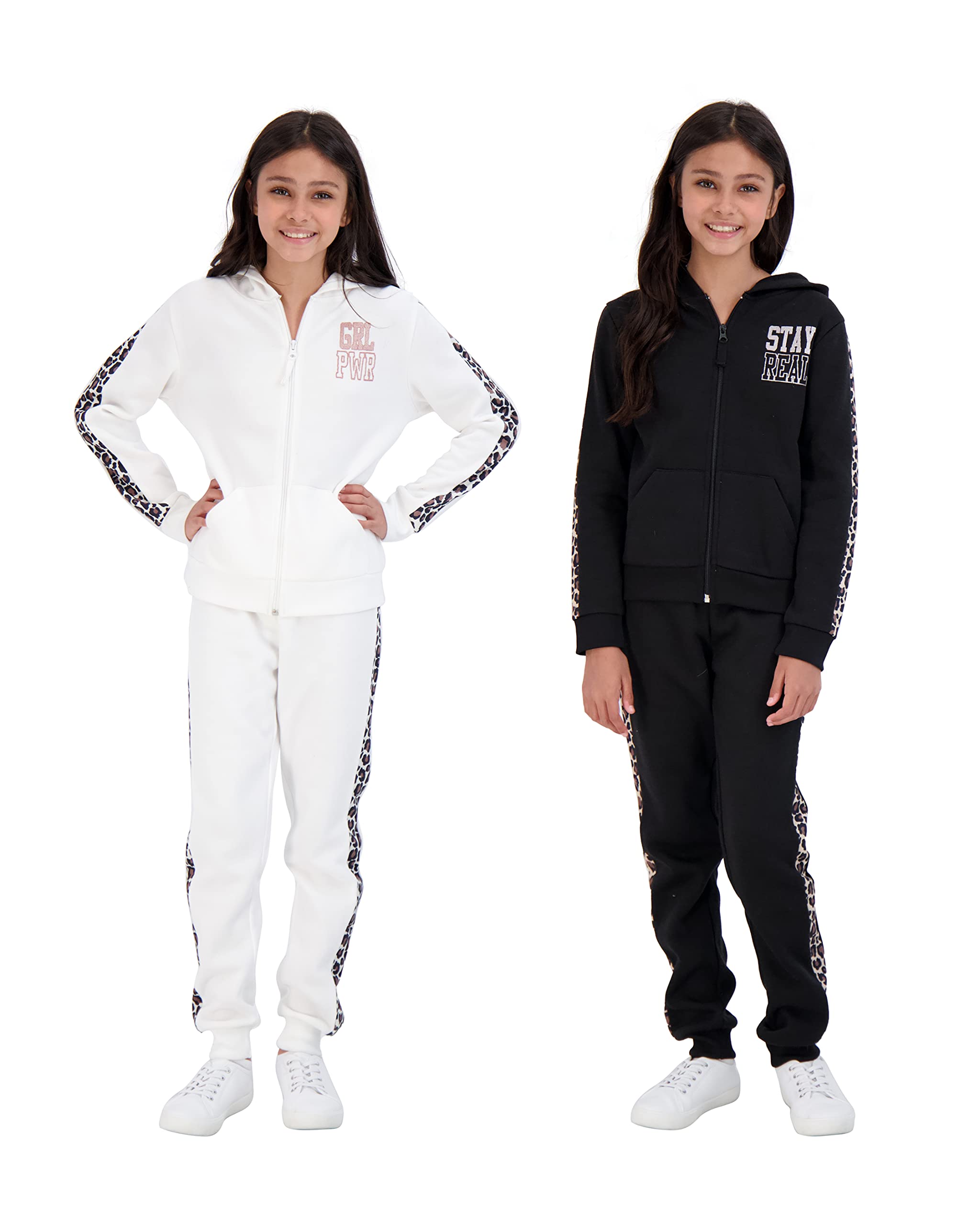 Star Ride Sweet Butterfly Girls 4-Piece Fleece Active Hoodie and Athletic Jogger Sweatpants and Sweatshirt Kids Clothing Set (Leopard Cream-Black 6X 6x)